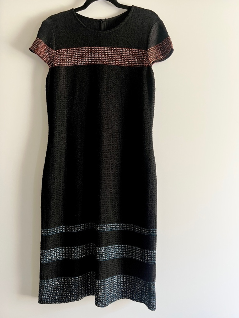 St. John Black Bouclé Knit Tweed Shift Midi Dress with Stripes Size 12